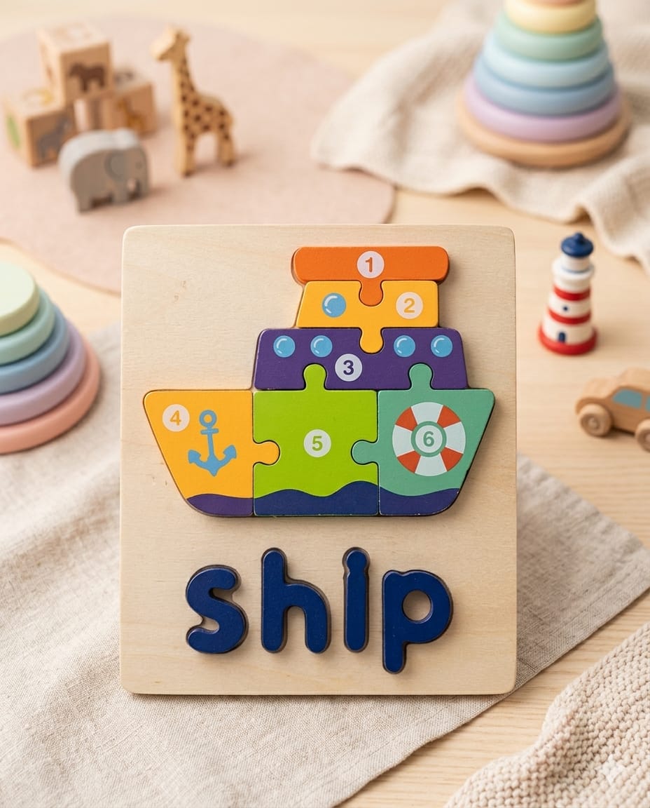 Ship 3D Wooden Number & Spelling Puzzle Board